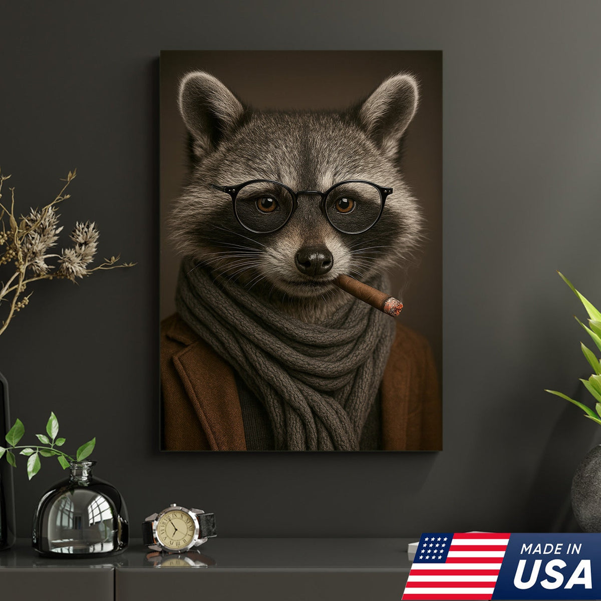 Gentleman Raccoon Cigar Wall Art Canvas – Stylish Animal Portrait for Bar