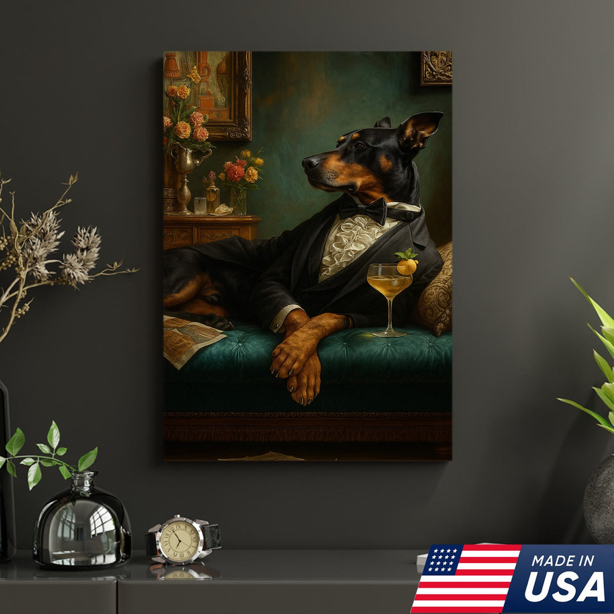 Elegant Doberman Gentleman Wall Art Canvas – Vintage Dog Portrait for Home Bar