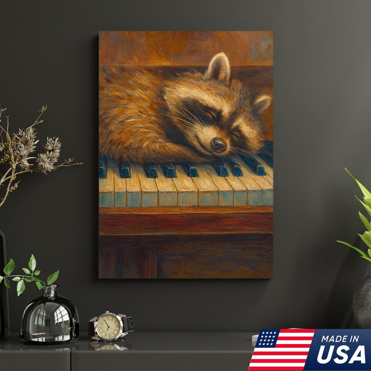 Sleeping Raccoon Wall Art Canvas - Cozy Animal Wall Decor, Cute Raccoon Painting