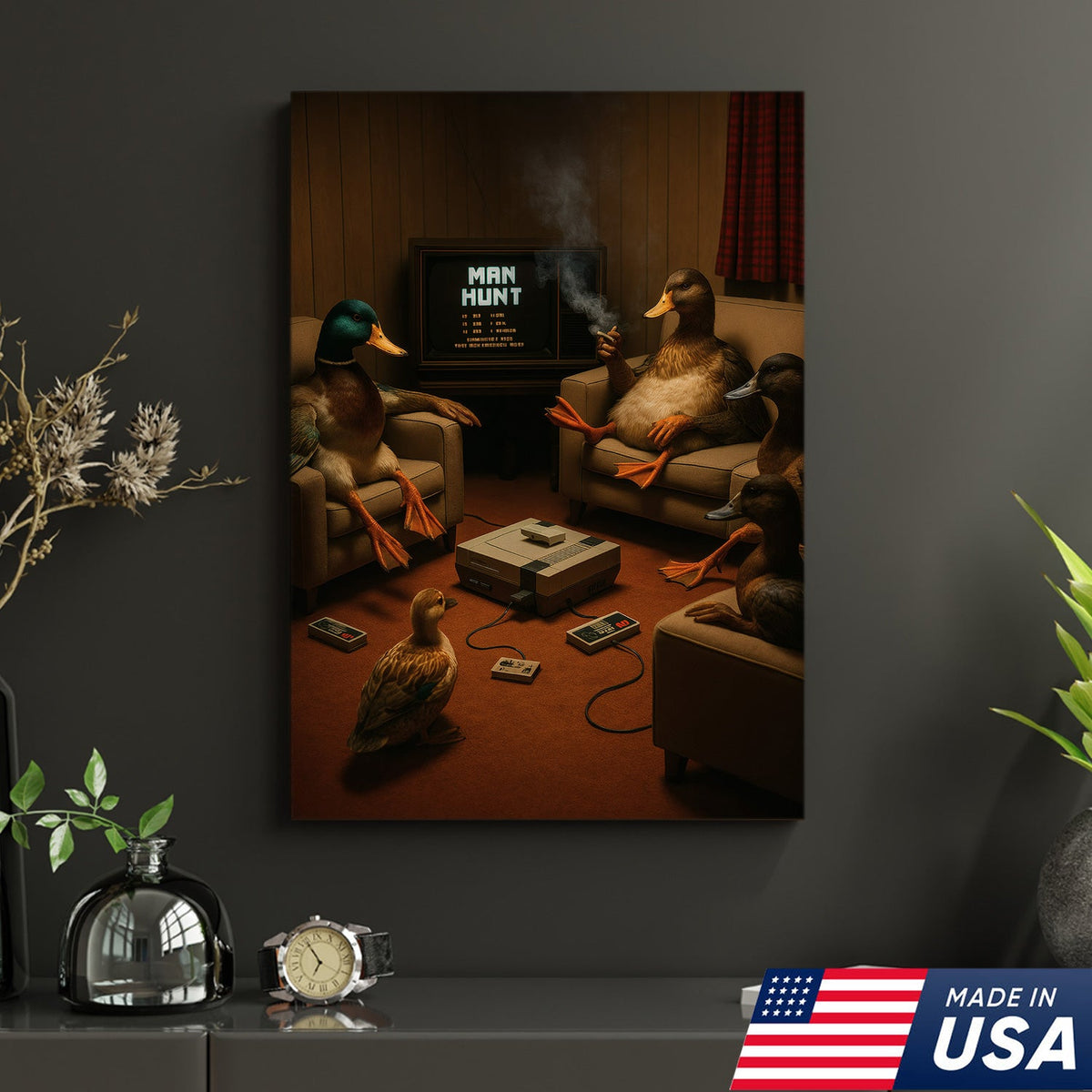 Funny Duck Hunter Retro Canvas Wall Art– Man Hunt Vintage Game Room Wall Art for Hunters