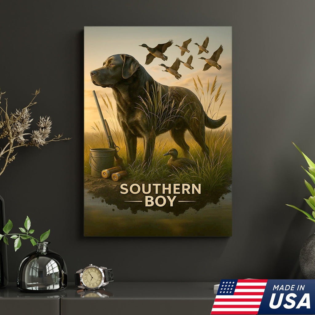 Black Lab Duck Hunting Canvas Wall Art, Labrador Retriever Waterfowl Print