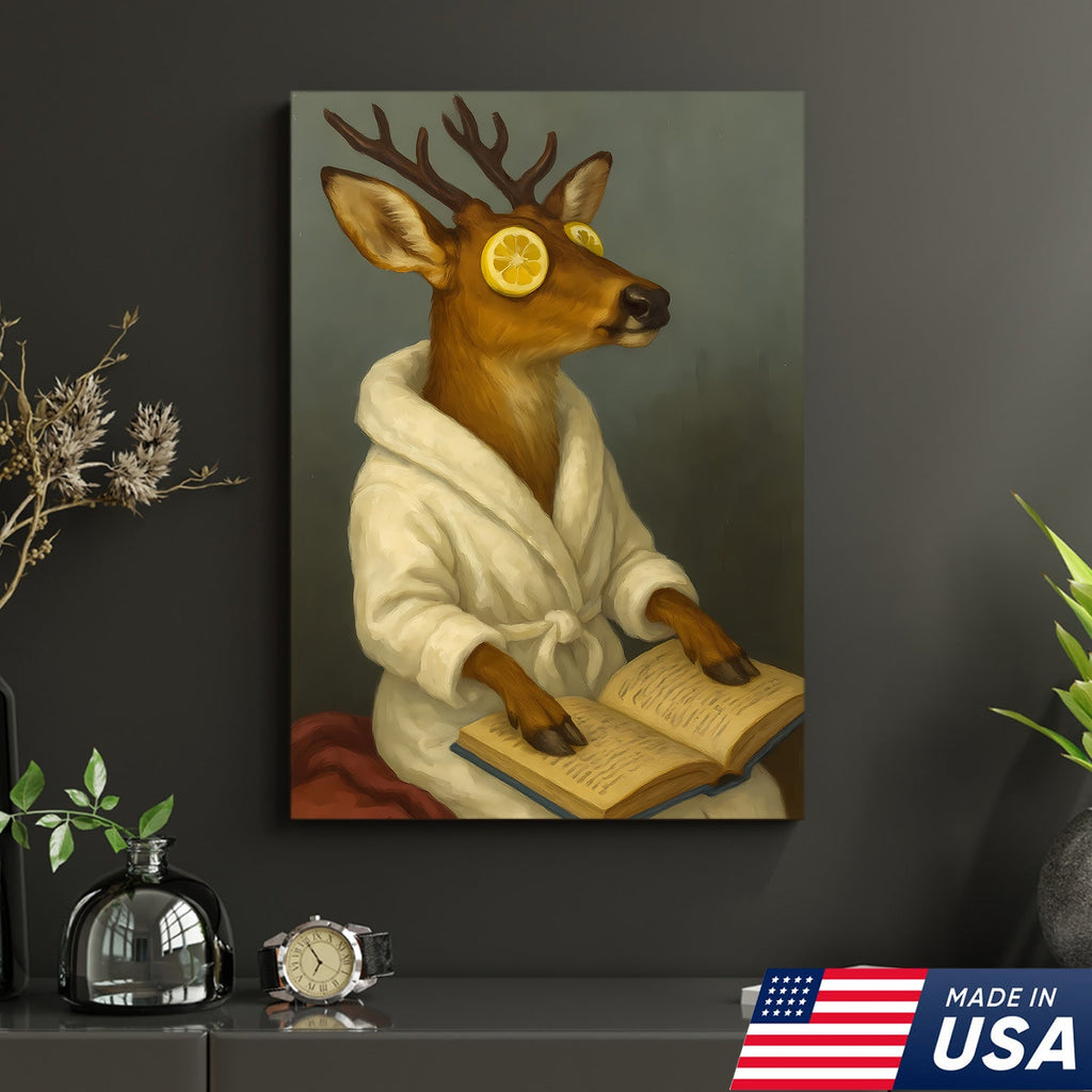 Funny Deer Spa Portrait Wall Art – Relaxing Deer With Lemon Eyes, Whimsical Animal Painting