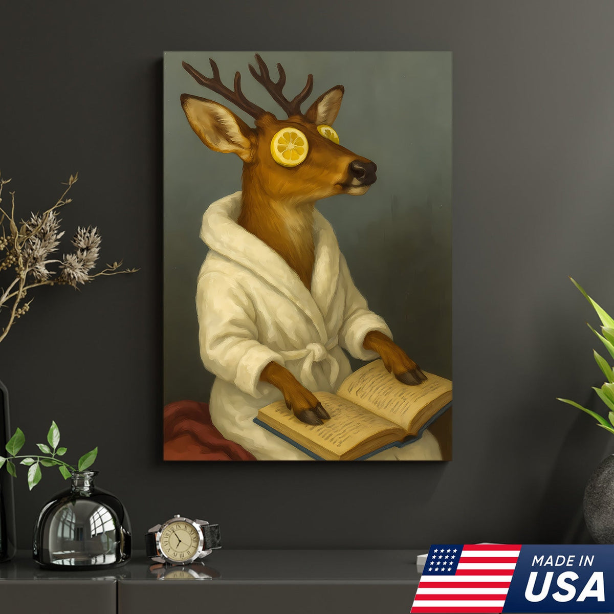 Funny Deer Spa Portrait Wall Art – Relaxing Deer With Lemon Eyes, Whimsical Animal Painting