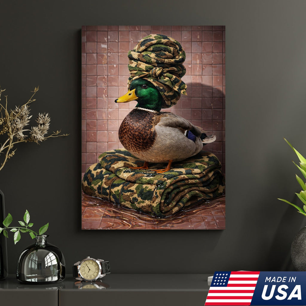 Funny Hunting Duck Bathroom Canvas – Camo Spa Duck Wall Art