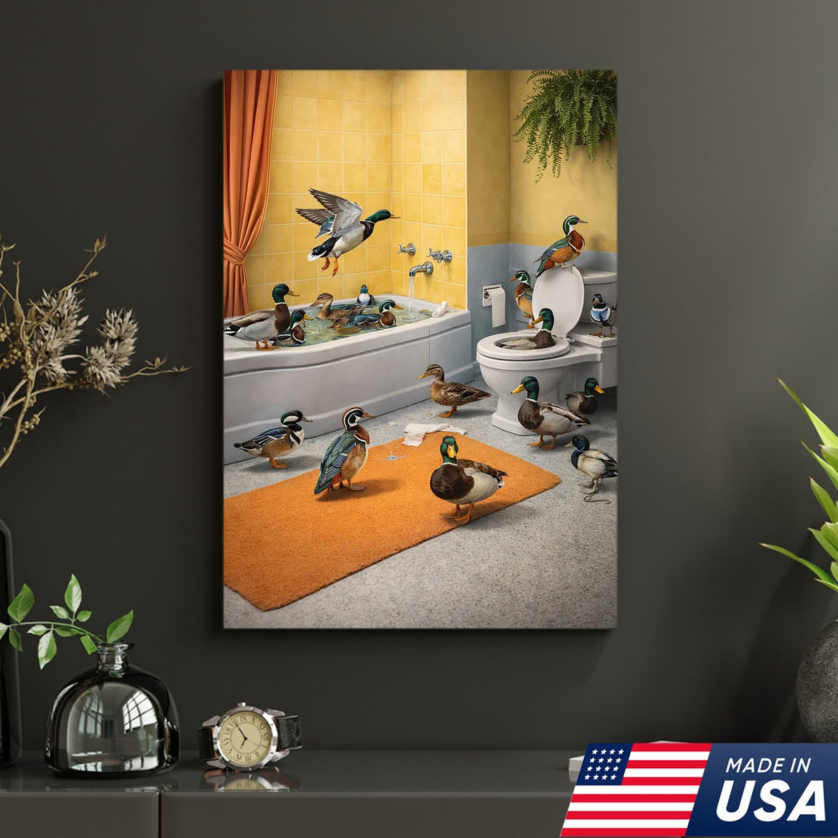 Funny Duck Bathroom Canvas, Farm Animal Wall Art, Quirky Decor