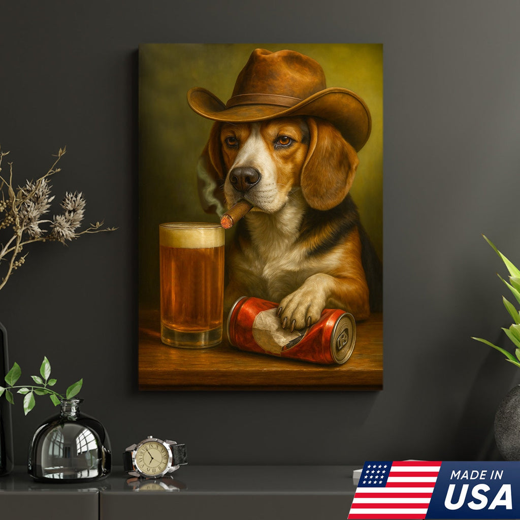 Funny Cowboy Dog Canvas Wall Art - Rustic Bar Wall Art Gift for Hunters, Outdoorsmen & Man Caves
