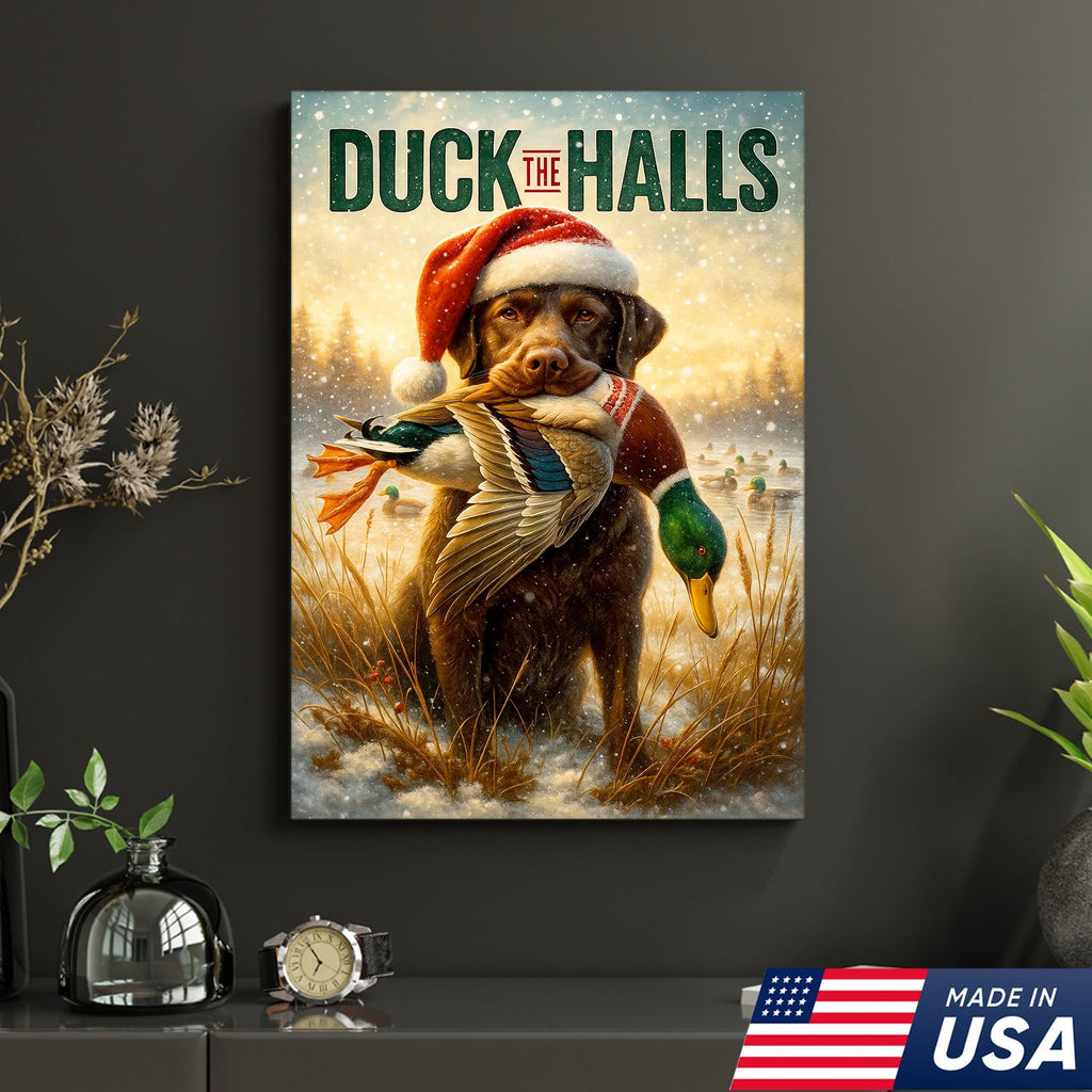 Duck The Halls Christmas Hunting Dog Canvas Art, Funny Holiday Wall Decor for Hunters