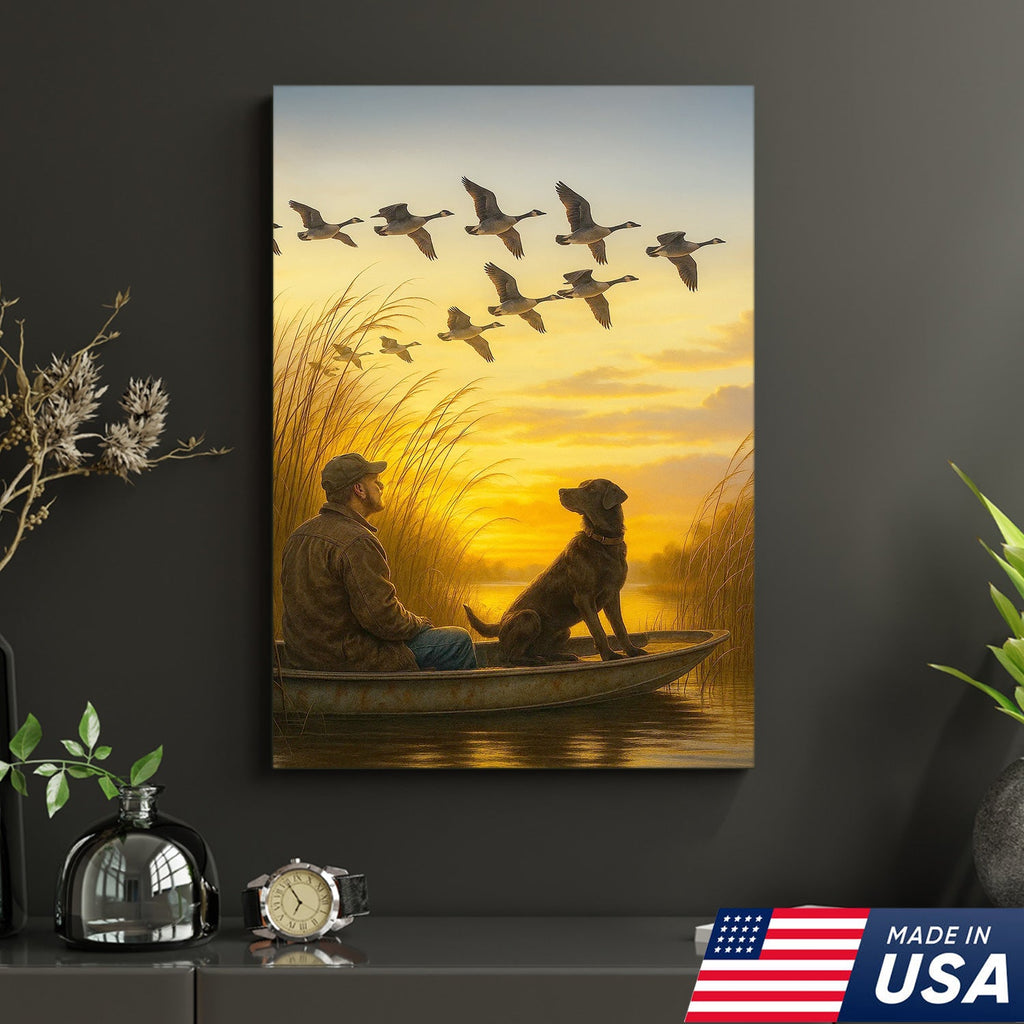 Waterfowl Hunting Wall Art – Duck Flock at Dawn, Hunter & Retriever In Boat, Rustic Decor