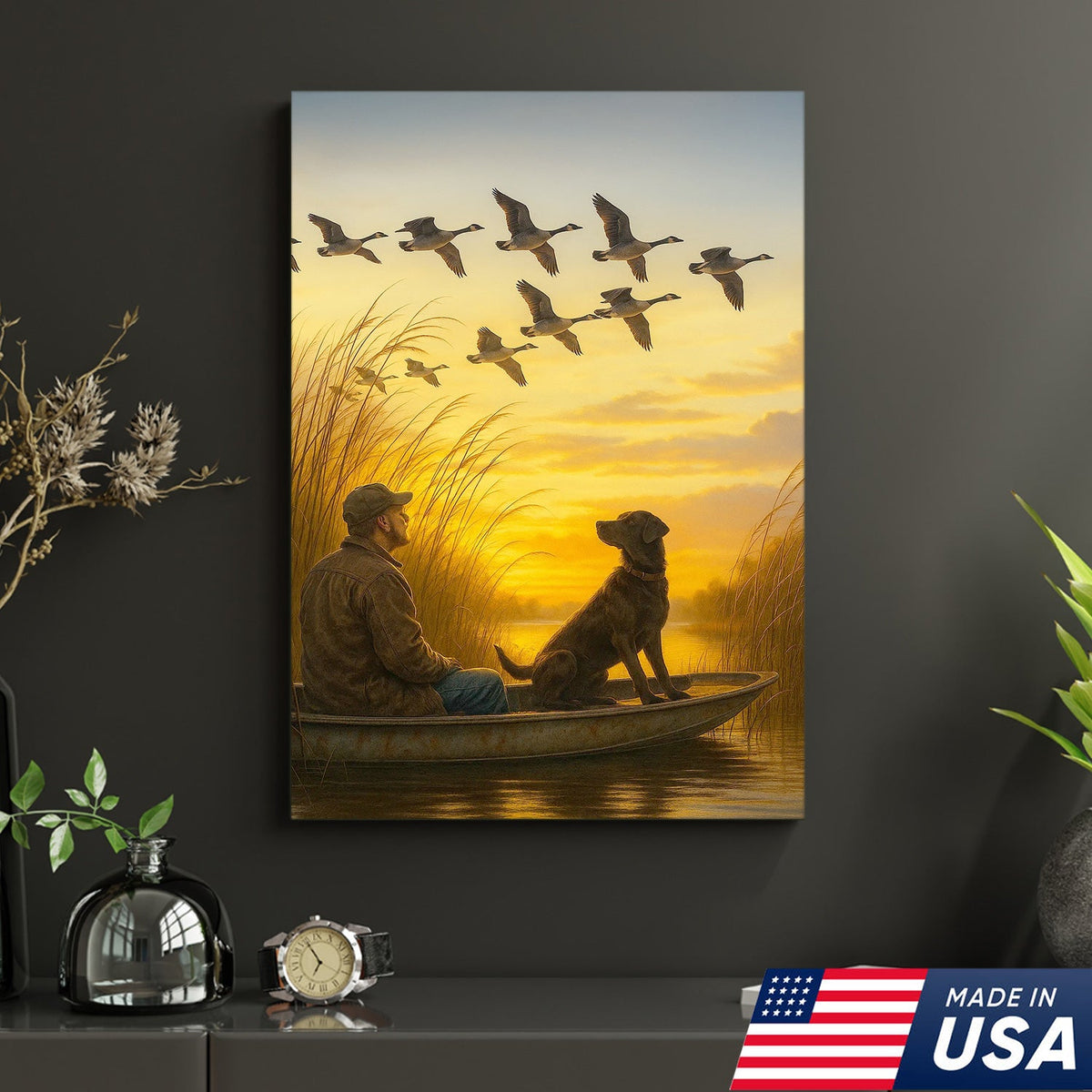Waterfowl Hunting Wall Art – Duck Flock at Dawn, Hunter & Retriever In Boat, Rustic Decor