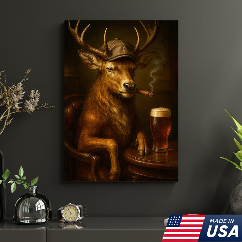 Classy Deer Smoking Cigar Canvas – Rustic Beer Lover Wall Art for Cabin & Man Cave