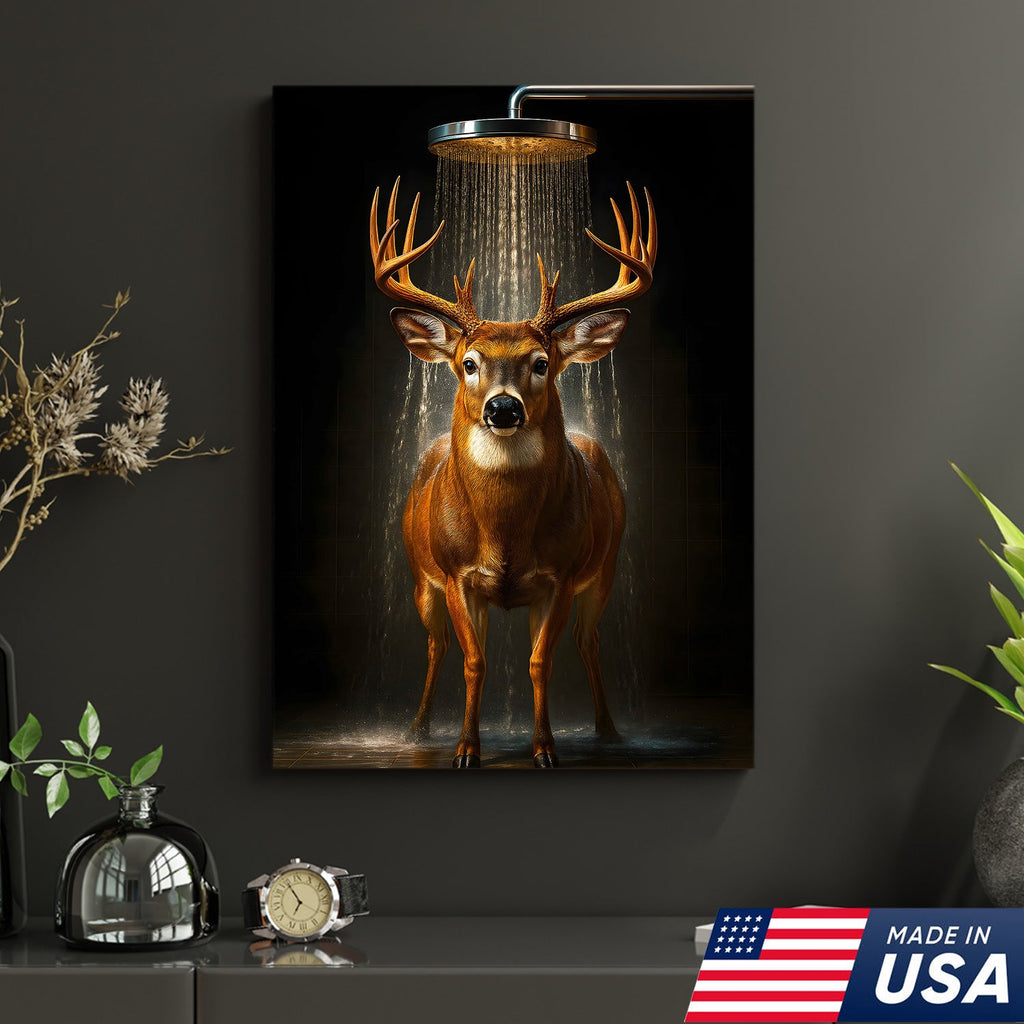 Funny Deer Shower Canvas Wall Art, Whimsical Buck Bathroom Decor