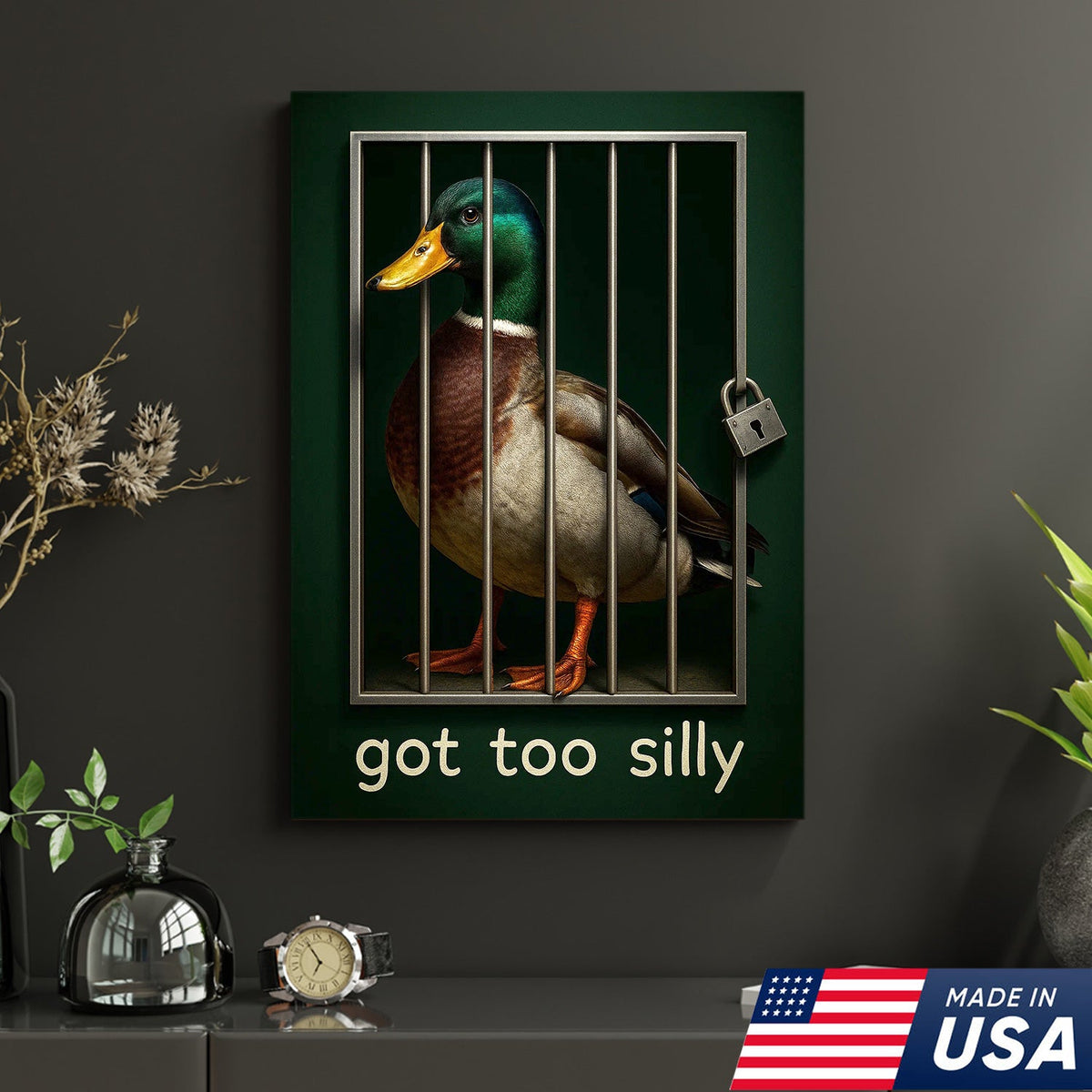 Silly Duck Canvas Wall Art – Funny Mallard Jail Print – Unique Rustic Cabin or Bathroom Decor