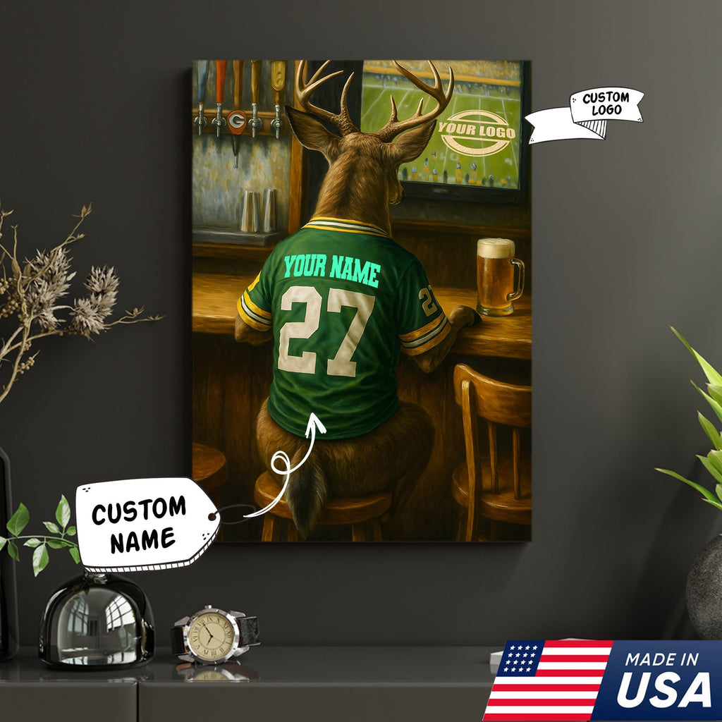 Custom Deer Football Canvas Wall Art – Personalized Deer Watching Sports Drinking Funny Sports Bar Decor
