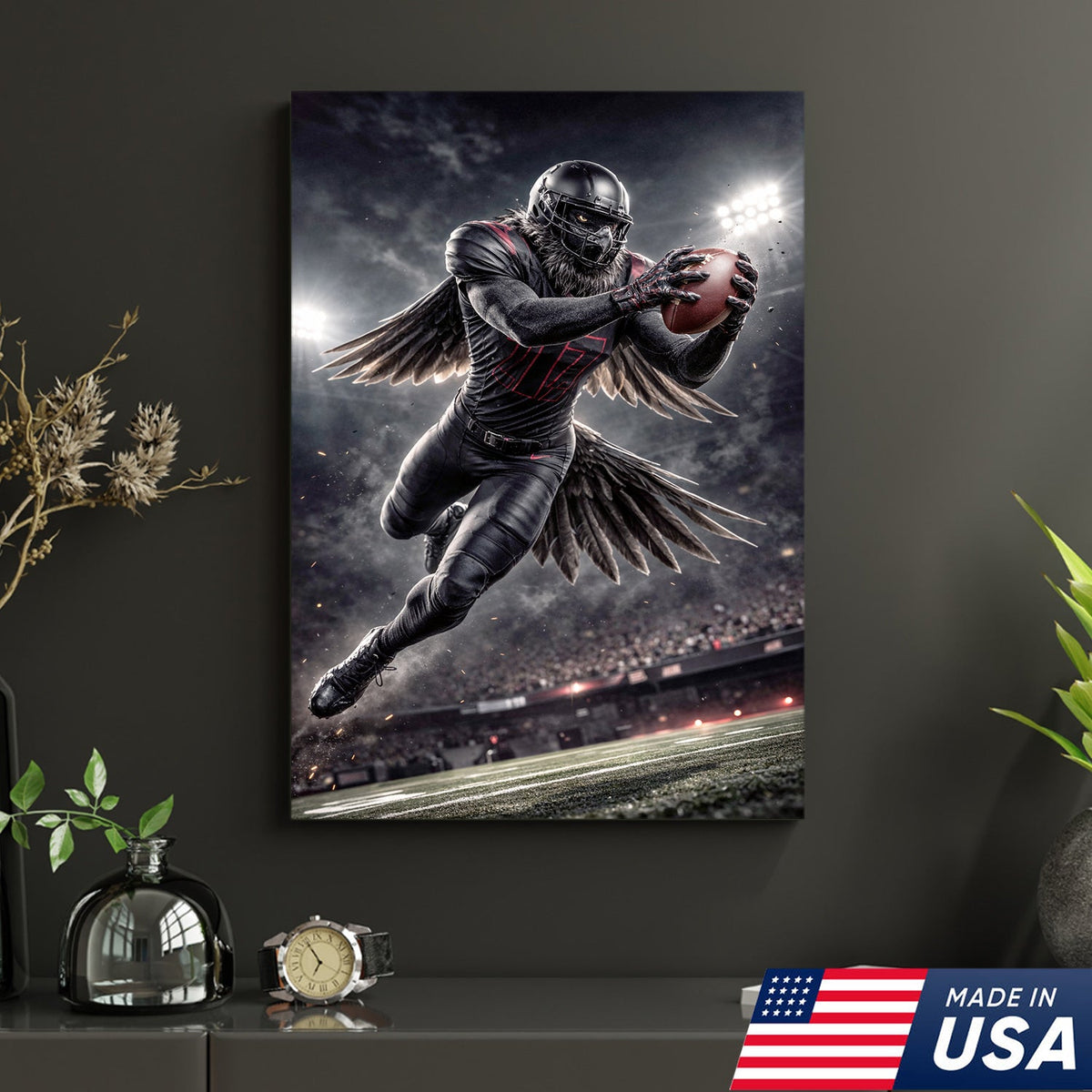 Dark Raven Football Canvas Wall Art – Black Winged Athlete Stadium Action Print