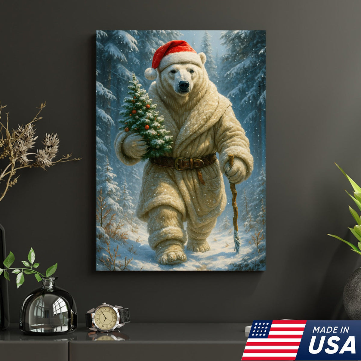 Polar Bear Santa Christmas Canvas – Funny Holiday Wall Art Gift for Hunters & Animal Lovers