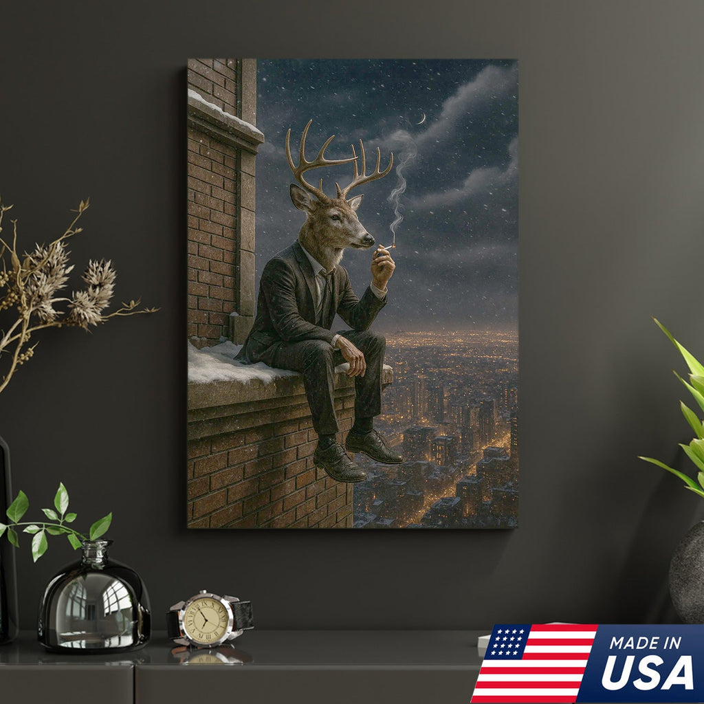 Surreal Deer Man Canvas Wall Art, Anthropomorphic Animal City Night Artwork