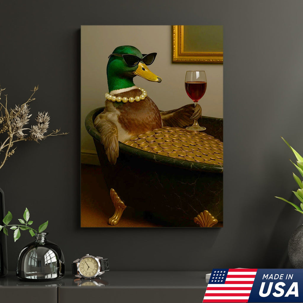 Luxury Duck Canvas Art – Funny Rich Duck in Gold Bathtub, Glam Animal Portrait Wall Decor
