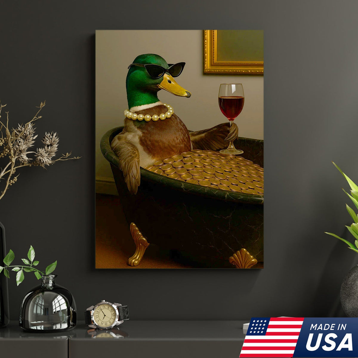 Luxury Duck Canvas Art – Funny Rich Duck in Gold Bathtub, Glam Animal Portrait Wall Decor