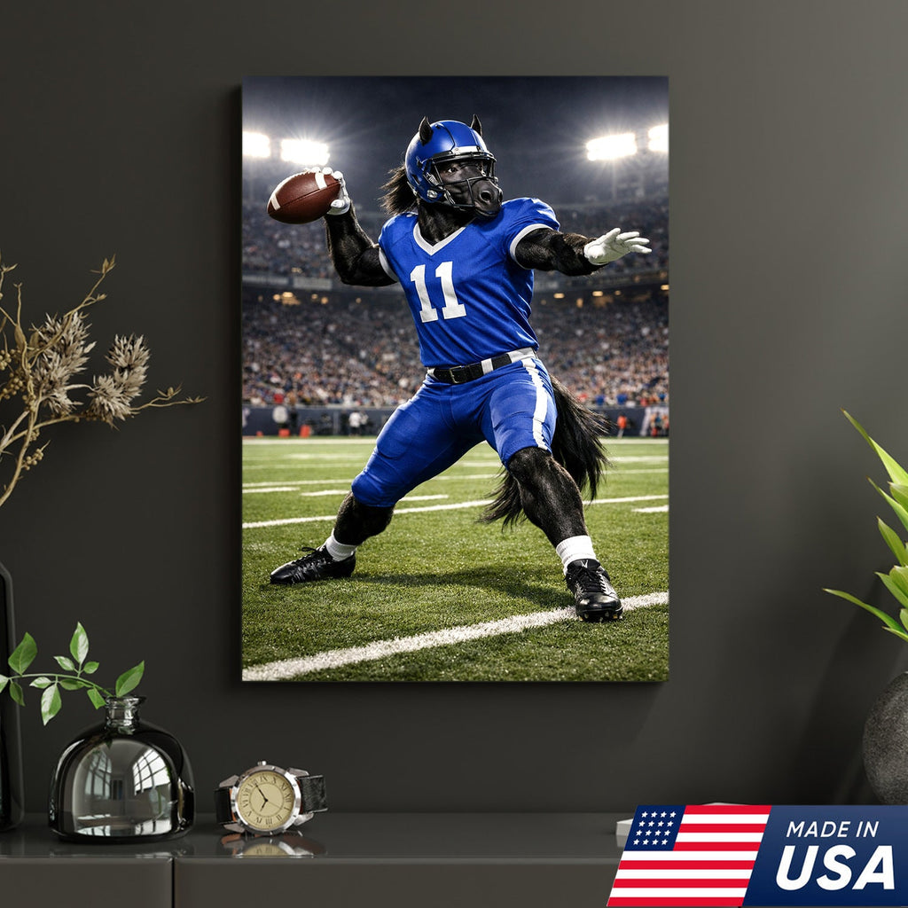 Power Stallion Quarterback Canvas Wall Art – Blue Uniform Horse Athlete Action Print