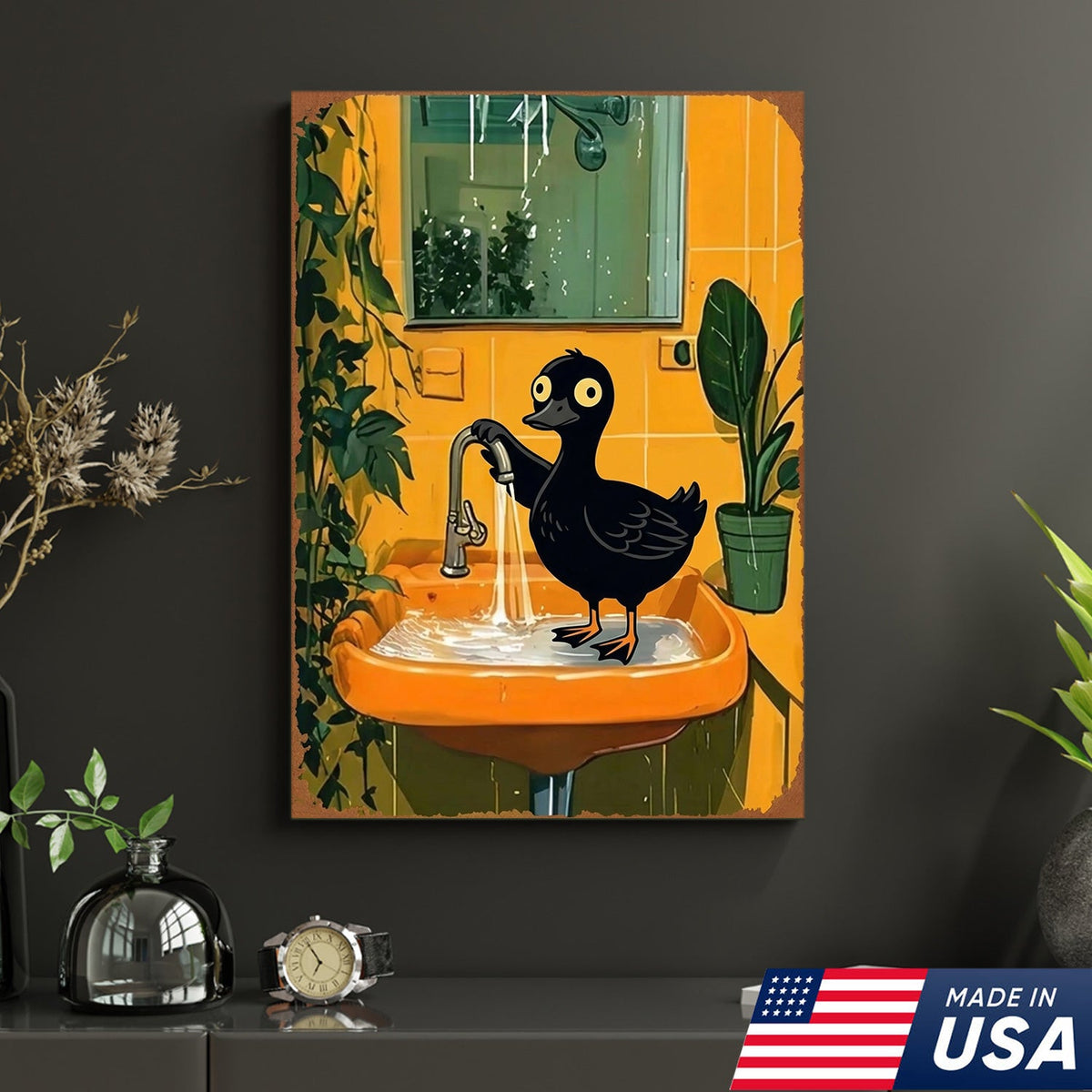 Funny Black Duck Bathroom Canvas Wall Art – Whimsical Bird in Sink Illustration