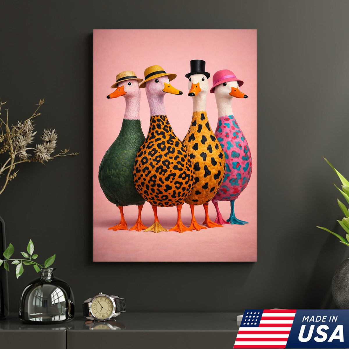 Funny Duck Canvas Wall Art – Colorful Ducks With Hats Painting