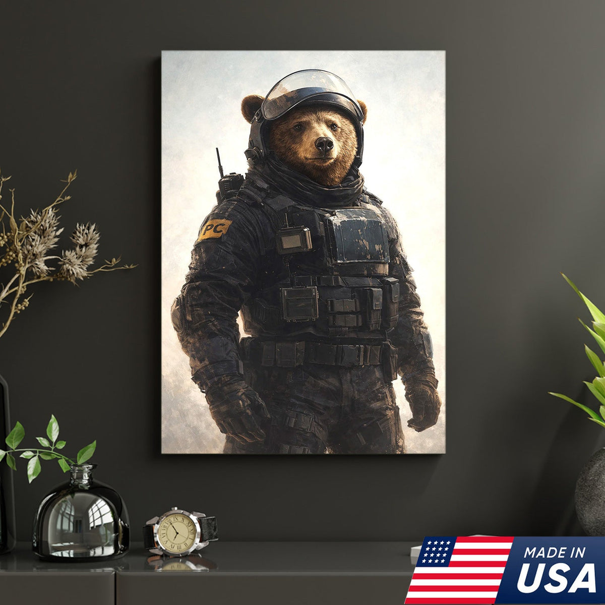 Tactical Bear Soldier Canvas Wall Art – Realistic Military Animal Print