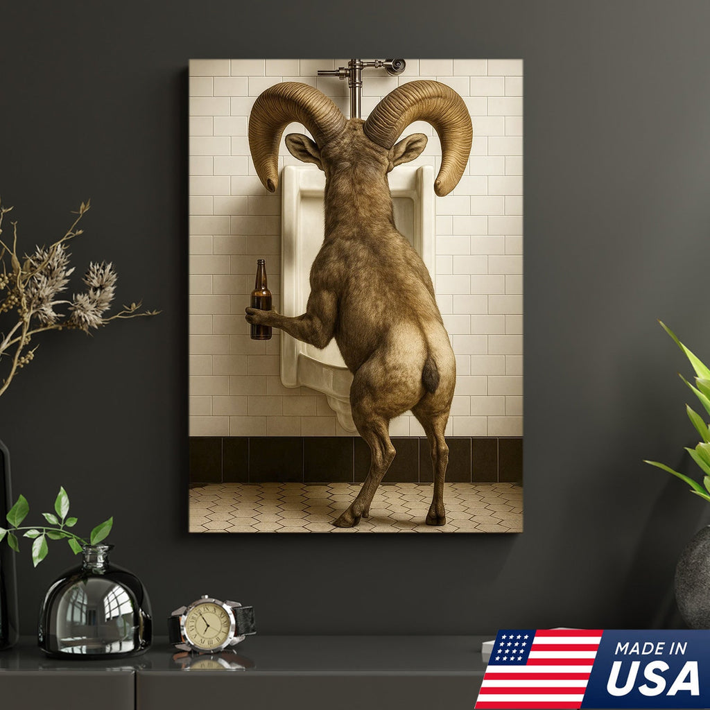 Humorous Big Horn Sheep Canvas Wall Art - Rustic Lodge Bathroom Decor for Cabin and Farmhouse