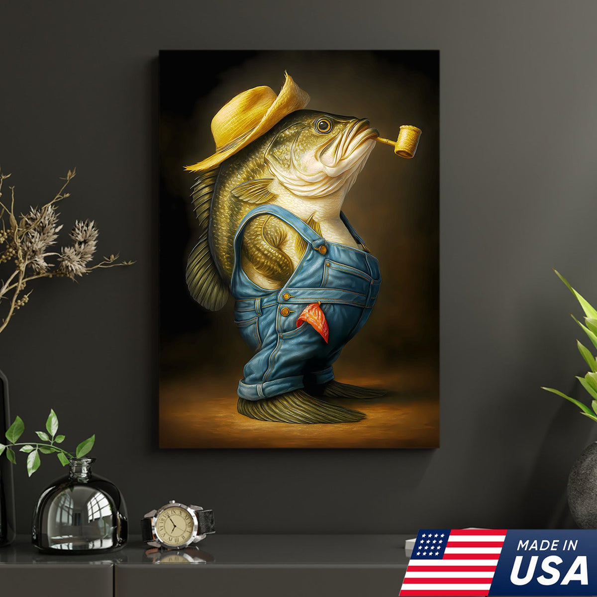 Funny Bass Wall Art – Farmer Fish Canvas for Fishing Lovers, Cabin & Lake House Decor