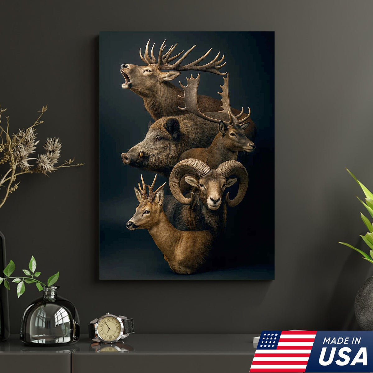 Wild Game Animal Canvas Wall Art, Deer Boar Ram Elk Artwork, Rustic Cabin Decor for Hunters