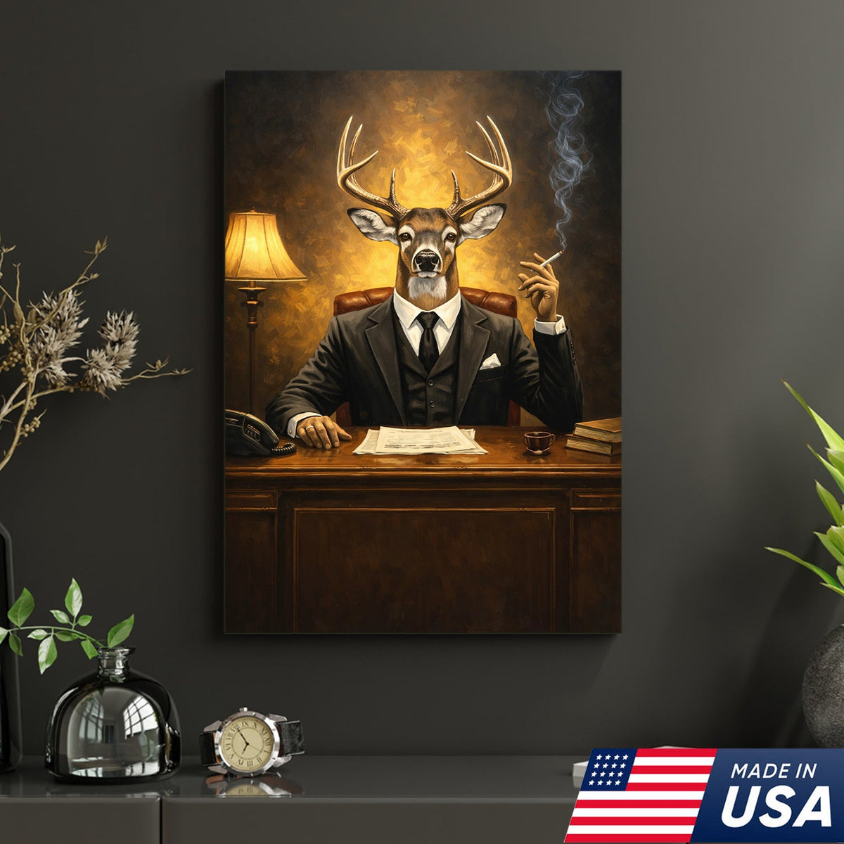 Anthropomorphic Deer Businessman Canvas Wall Art, Surreal Animal Portrait Artwork