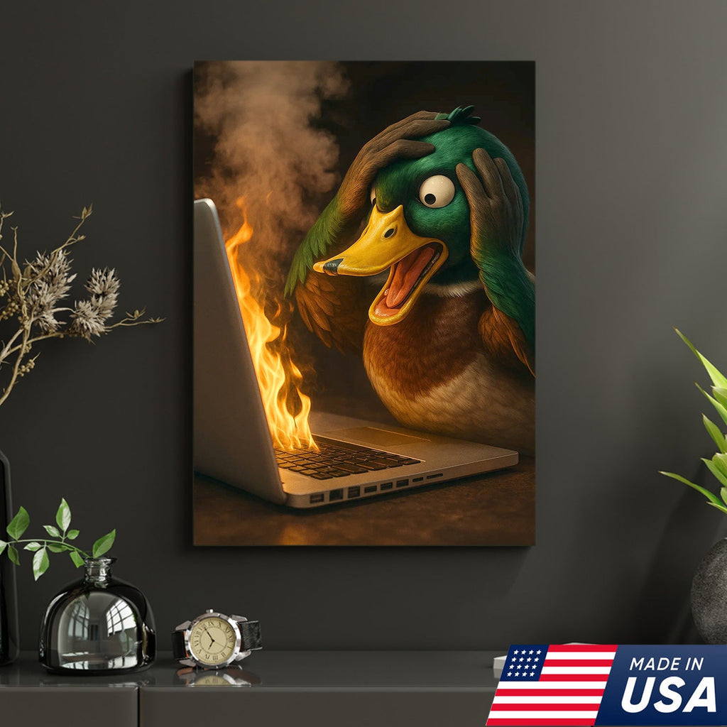 Funny Duck Screaming at Burning Laptop Canvas Wall Art, Hilarious Tech Fail Gift