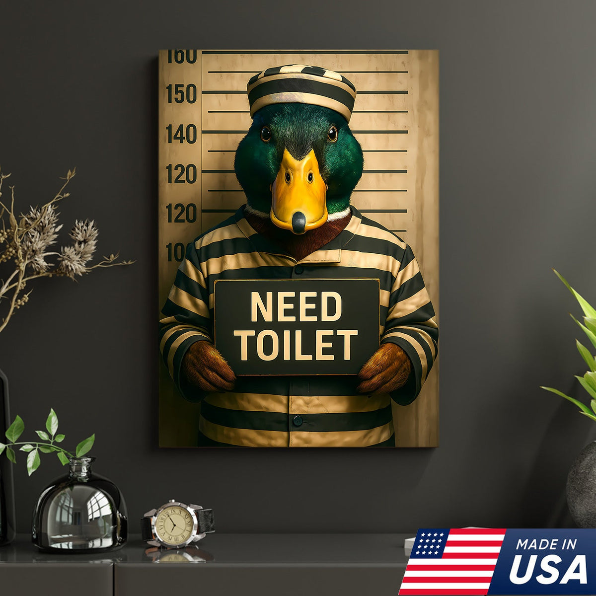 Funny Duck Mugshot Canvas – Bathroom Wall Art for Men, Toilet Humor Decor, Gag Gift Idea