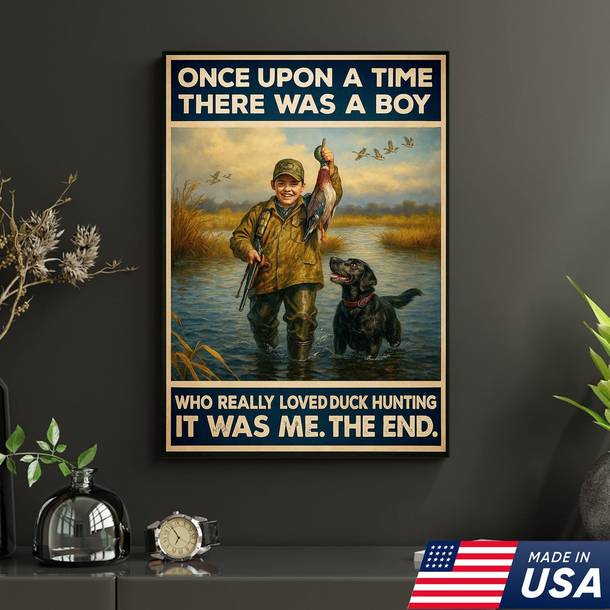 Vintage Duck Hunting Canvas Wall Art – Boy and Dog Rustic Print – Cabin Lodge Outdoor Decor