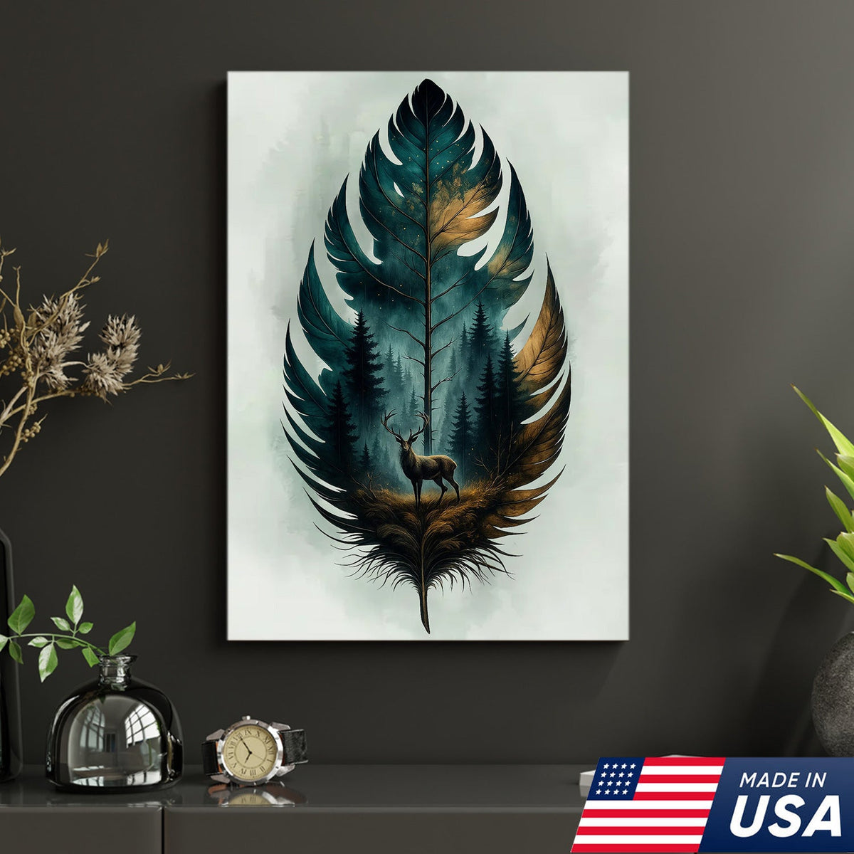 Rustic Deer And Feather Canvas Wall Art – Nature Forest Wildlife Print – Cabin & Lodge Hunting Decor