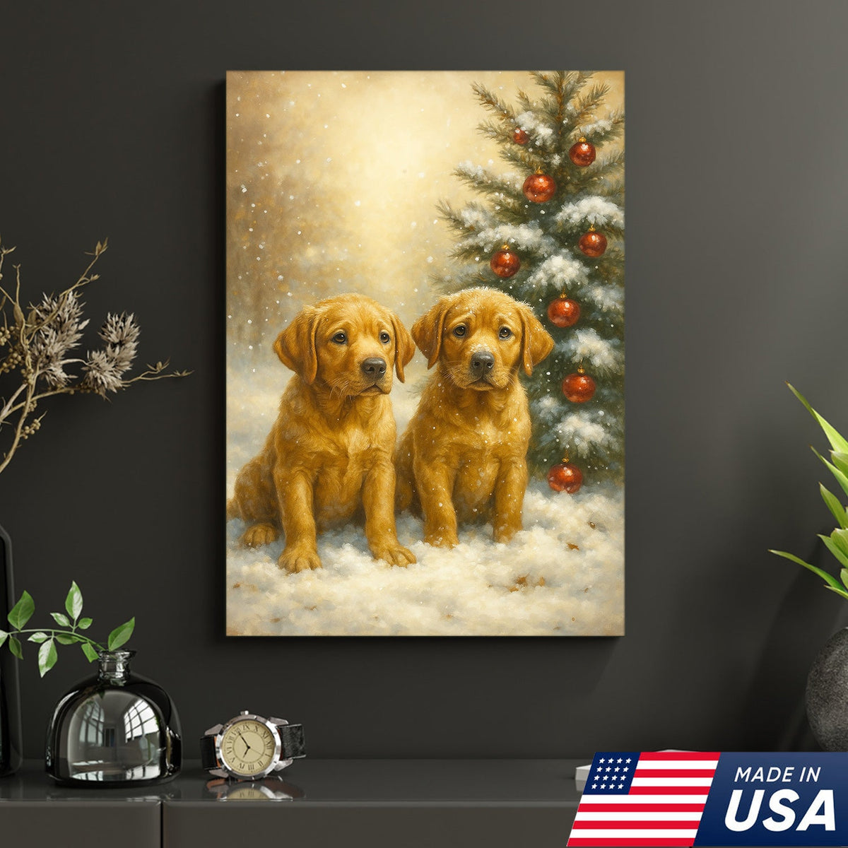 Christmas Golden Puppies Canvas Wall Art – Cute Labrador Dog Holiday Canvas Print