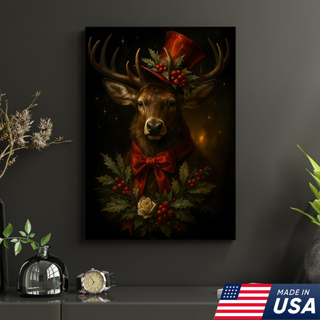 Christmas Deer Canvas Wall Art – Rustic Holiday Decor for Cabin & Lodge