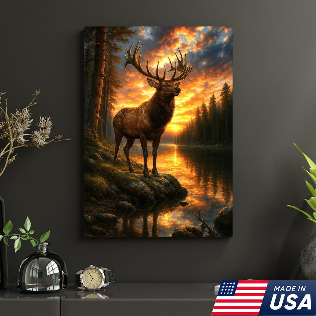 Majestic Elk at Sunset By The Lake Canvas– Wildlife Wall Art for Cabin, Lodge & Nature Lovers