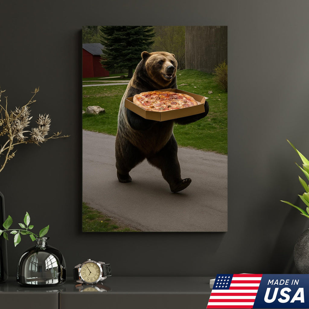 Funny Bear Pizza Canvas Wall Art, Humorous Kitchen Foodie Decor Print