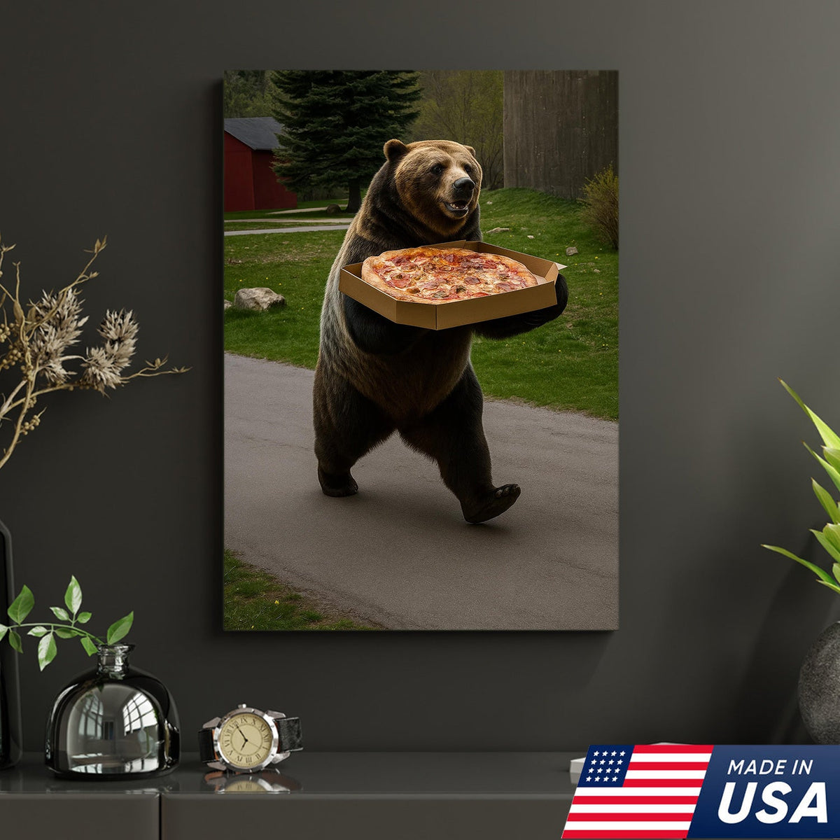 Funny Bear Pizza Canvas Wall Art, Humorous Kitchen Foodie Decor Print