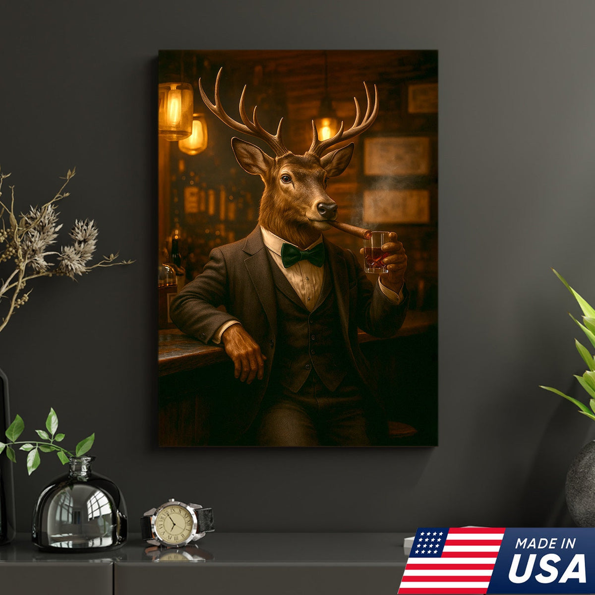 Deer Gentleman Wall Art – Classy Drinking & Smoking Canvas for Bar, Lodge & Man Cave Decor