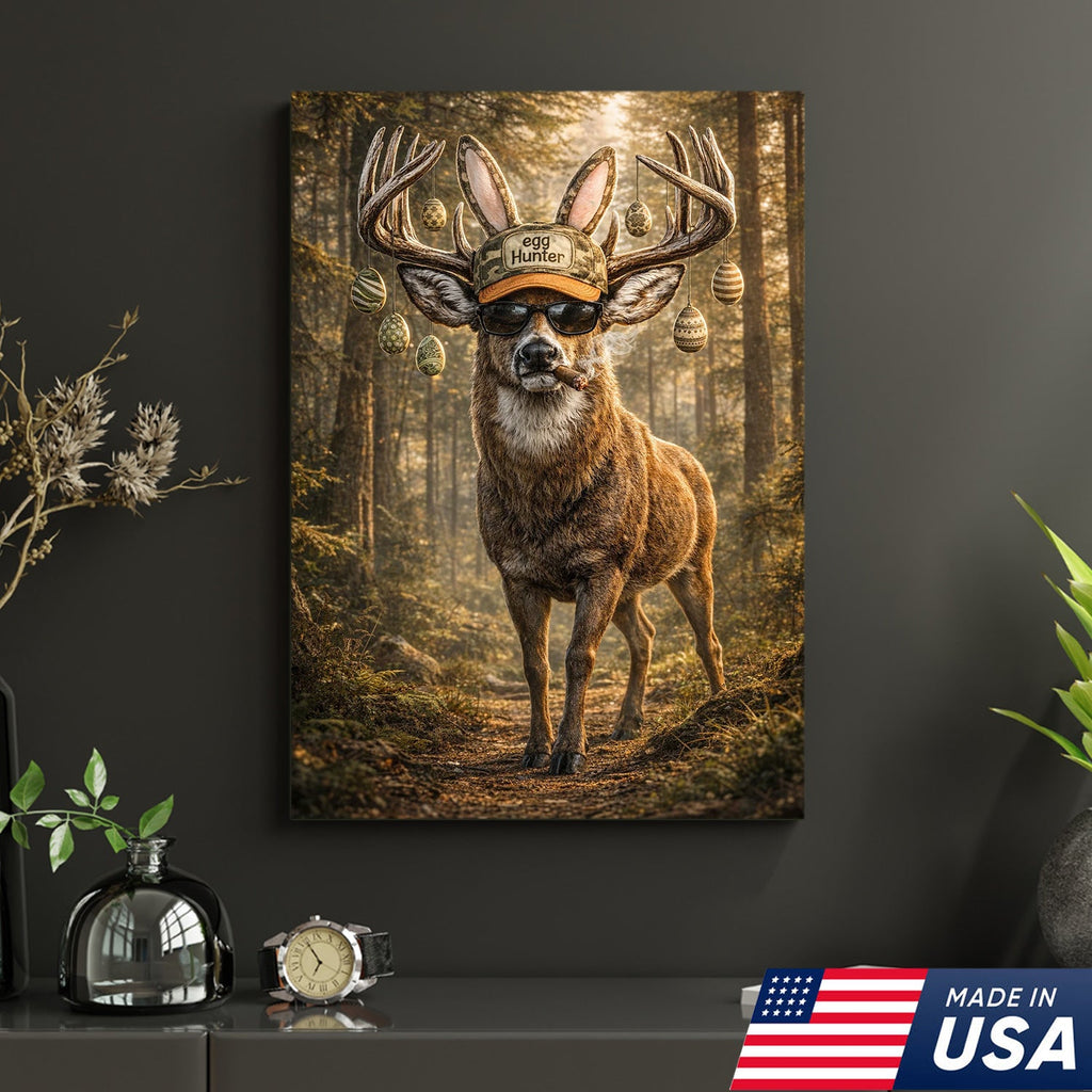 Funny Easter Deer Canvas Wall Art, Cool Egg Hunter Buck with Sunglasses