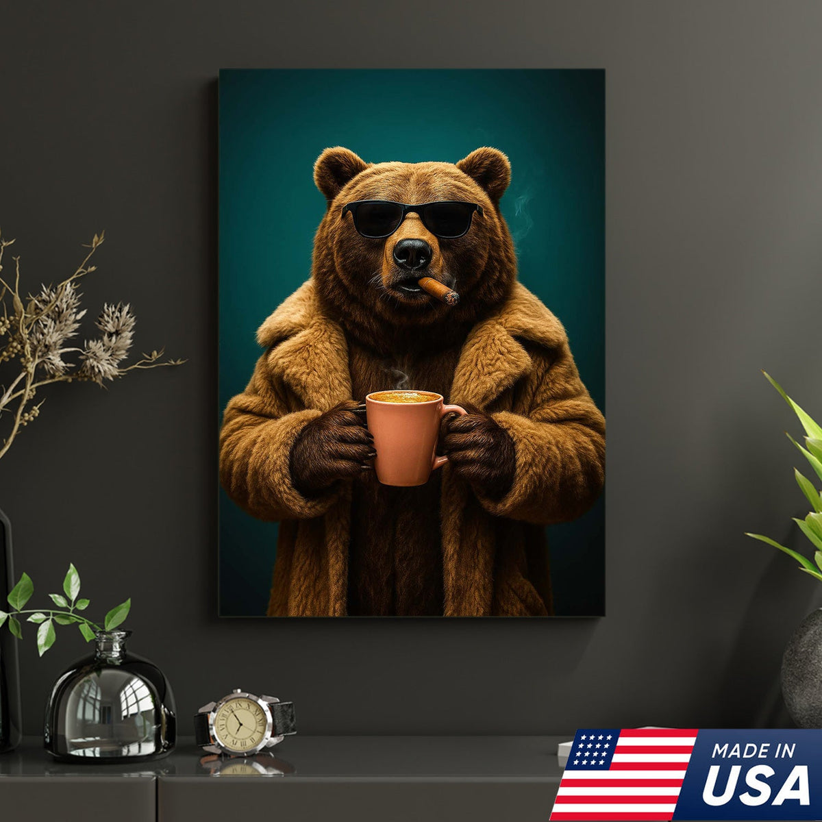 Cool Bear Wall Art Canvas - Smoking Bear Print, Funny Cigar Bear Decor