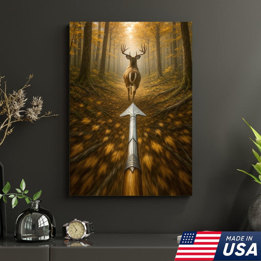 Deer Bow Hunting Canvas Wall Art, Arrowhead Forest Scene Artwork, Rustic Cabin Decor for Hunters