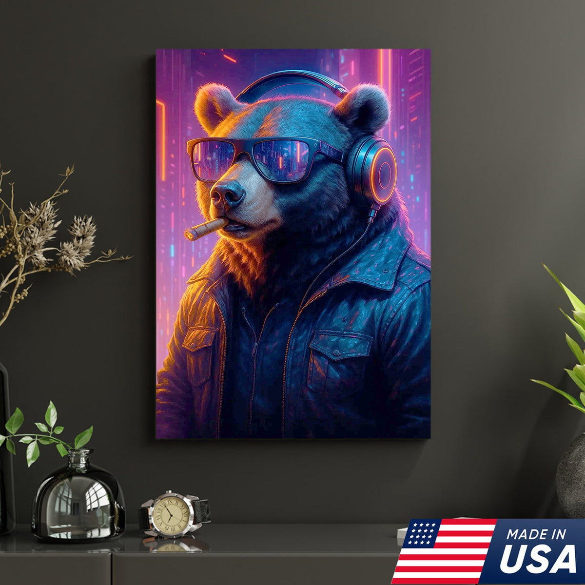 Cyberpunk Bear Wall Art Canvas, Cool DJ Bear with Headphones Neon City Decor