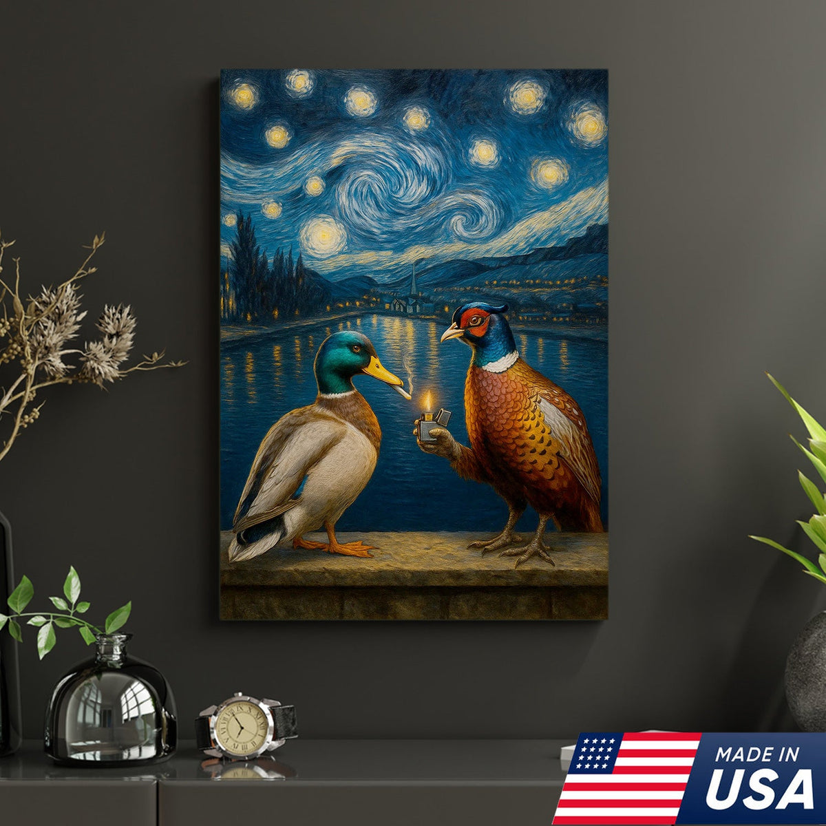 Starry Night Duck and Pheasant Canvas Wall Art, Van Gogh Inspired Wildlife Painting
