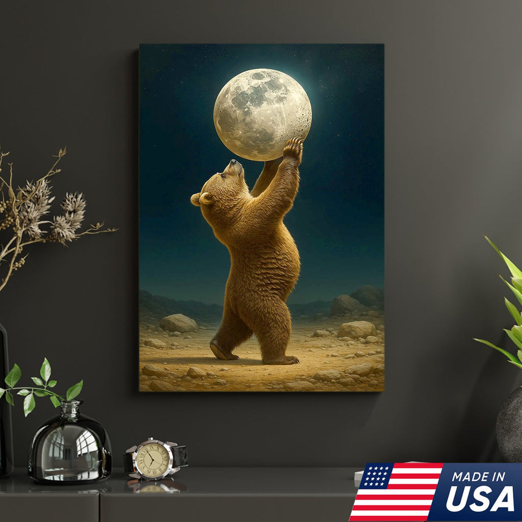 Bear Holding Full Moon Canvas Wall Art, Surreal Night Sky Decor, Rustic Cabin Nature Print