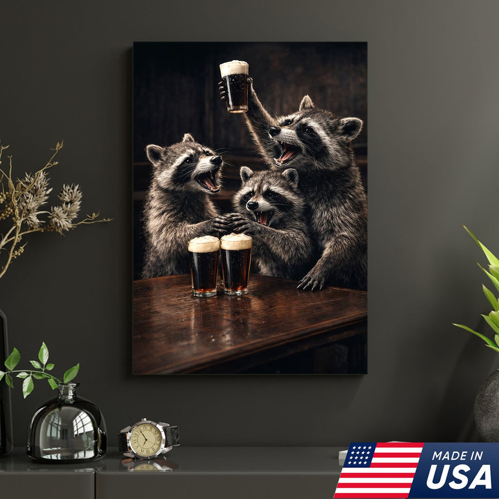 Funny Party Raccoon Wall Art Canvas Print, Wild Friends Celebration Animal Illustration