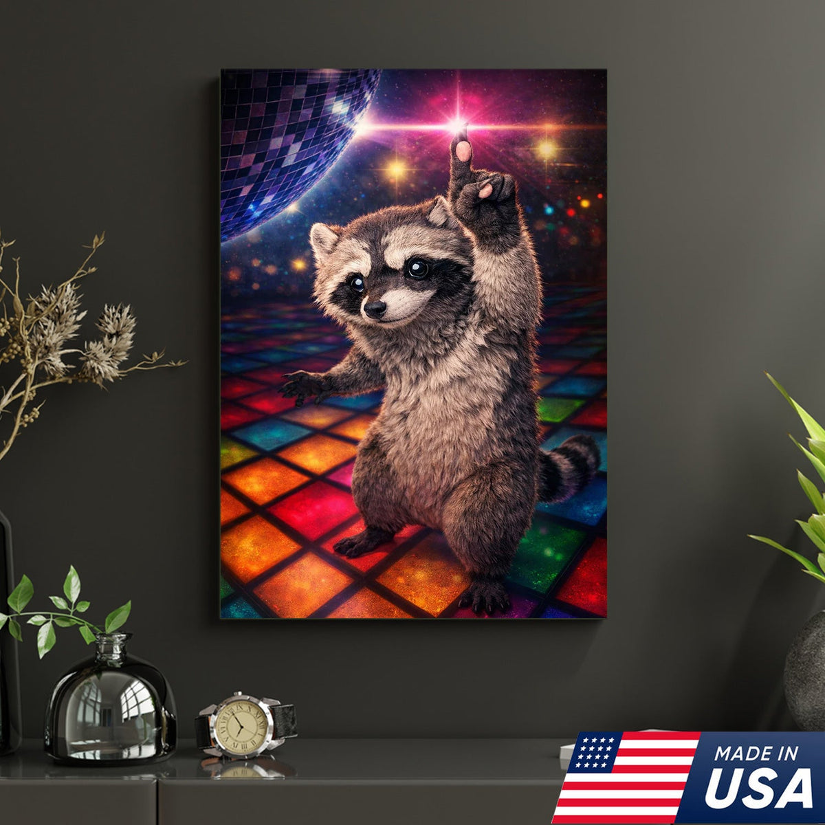 Disco Raccoon Wall Art Canvas Print, Funny Dancing Animal Illustration