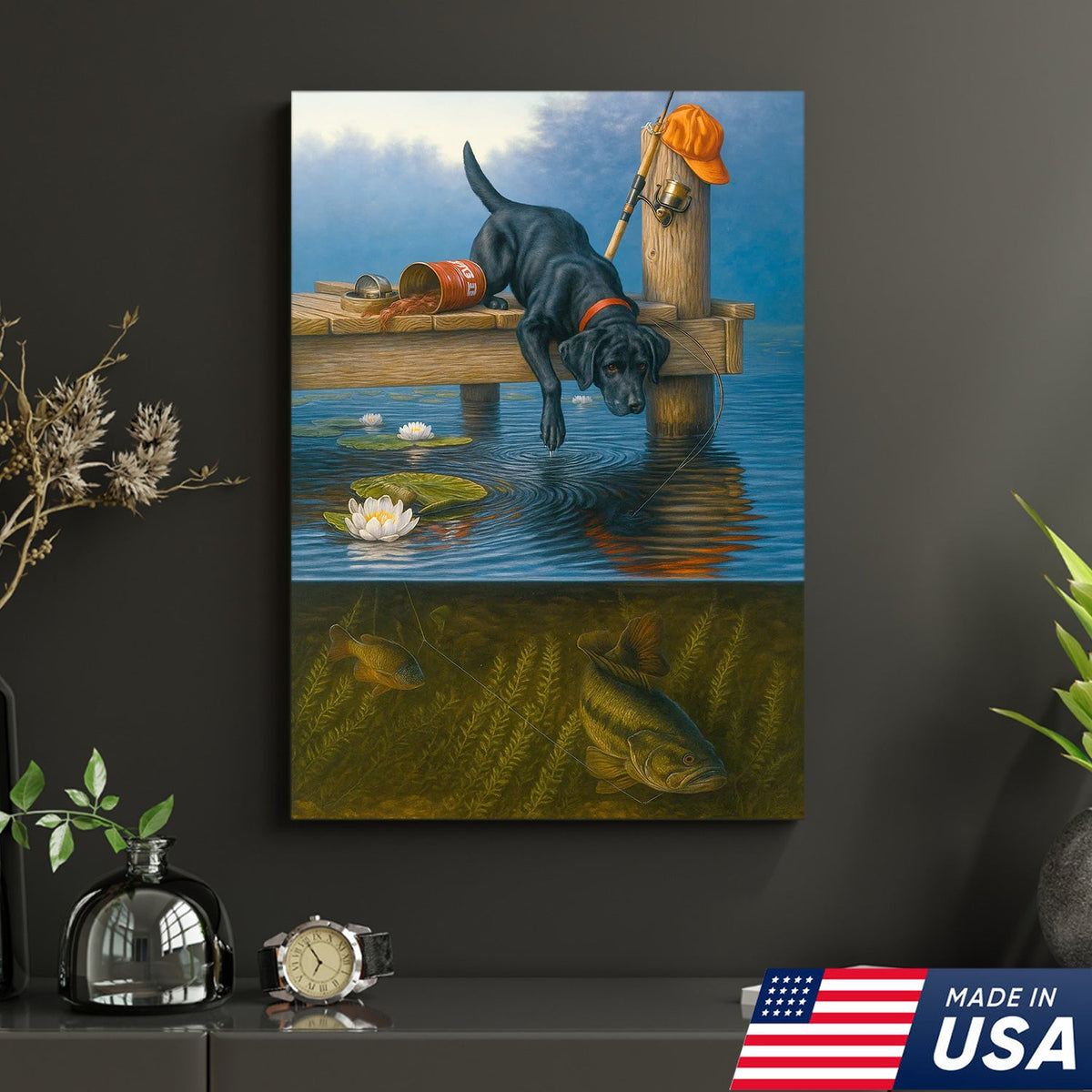 Black Lab Fishing Dock Canvas Wall Art, Lake House Decor, Bass Fish Underwater Split View