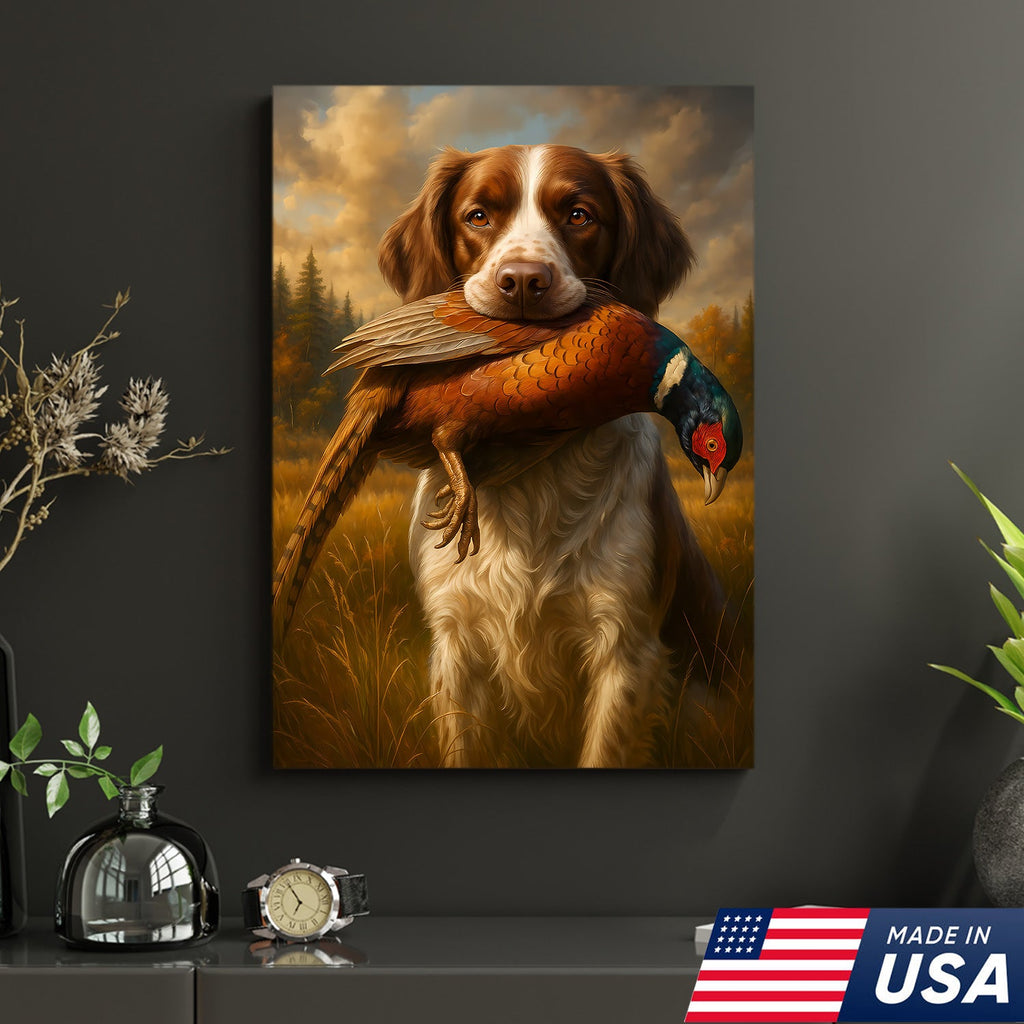 Upland Hunting Dog Canvas Wall Art – Brittany with Pheasant, Rustic Cabin Decor